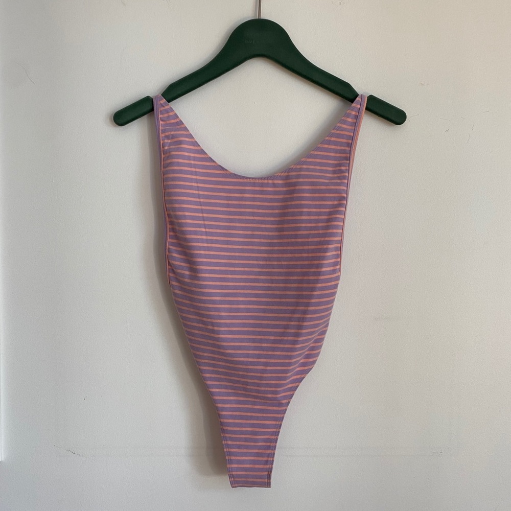 AMERICAN APPAREL Deep Cut Bodysuit Foxglove Stripe